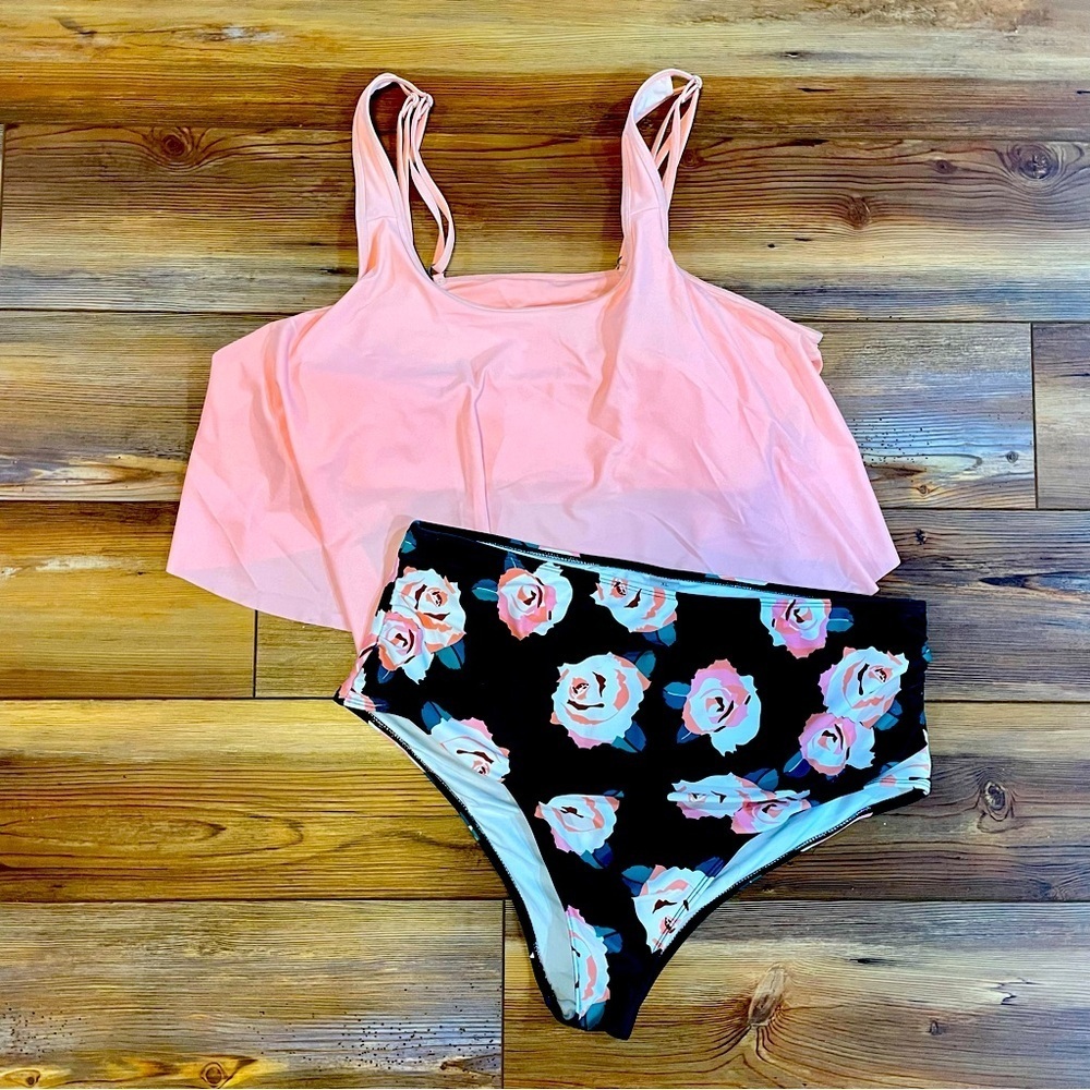 Women’s High Waisted Flounce Top 2 Piece with Adjustable Double Straps